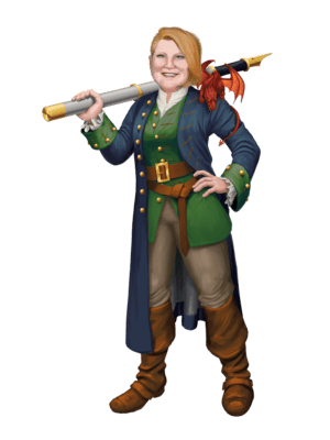 A drawing by Julie Z. Bickel of the author, a redhaired woman with blue eyes, dressed as a pirate, with a red dragon on one shoulder and a sword shaped like a fountain pen over her other shoulder.