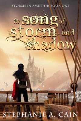 The cover of A Song of Storm and Shadow: a young woman with black hair stands on the deck of a ship looking at a castle in the distance.